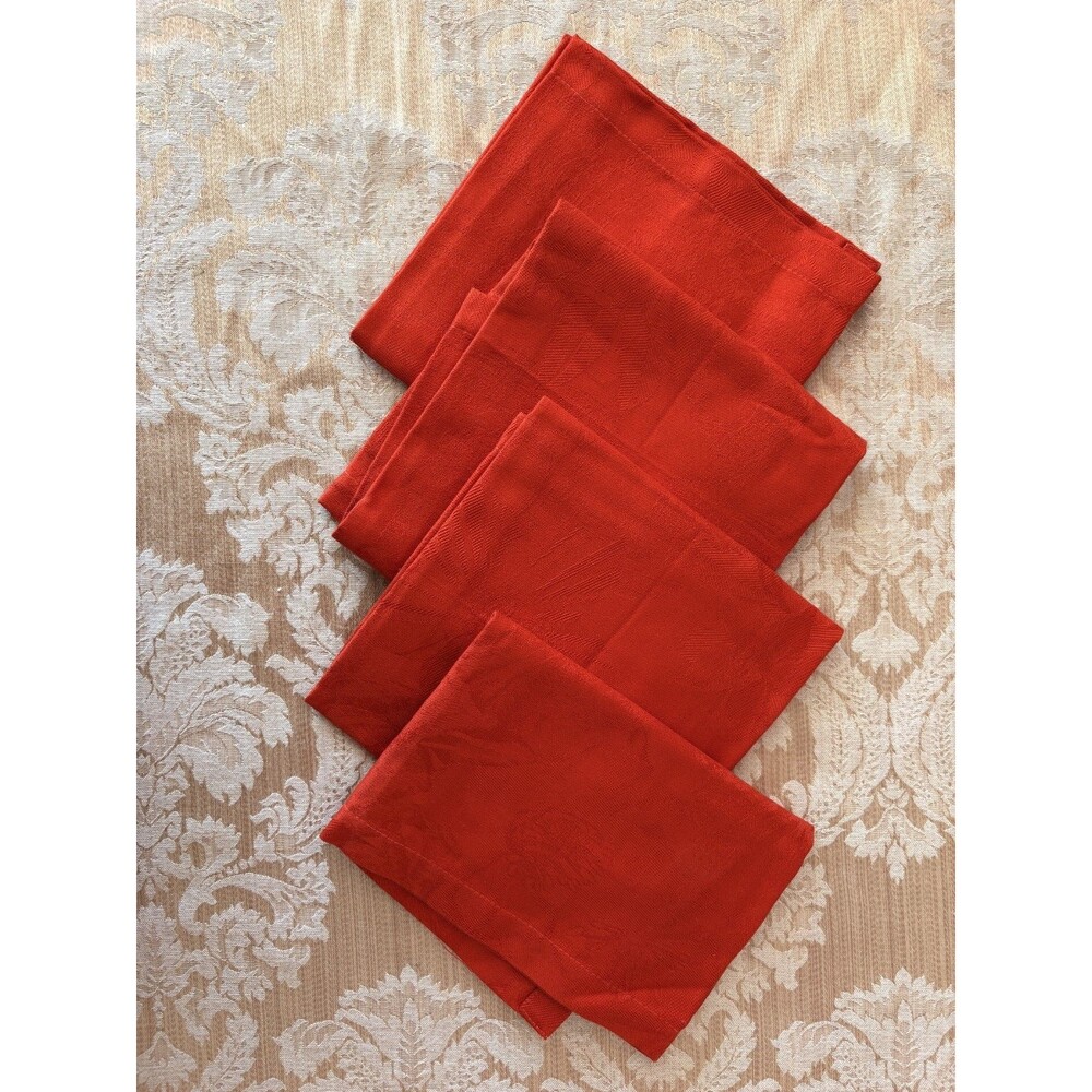 Garnier-Thiebaut 4 Dinner Napkins 100% Cotton Red Scarlett Floral Embroidered